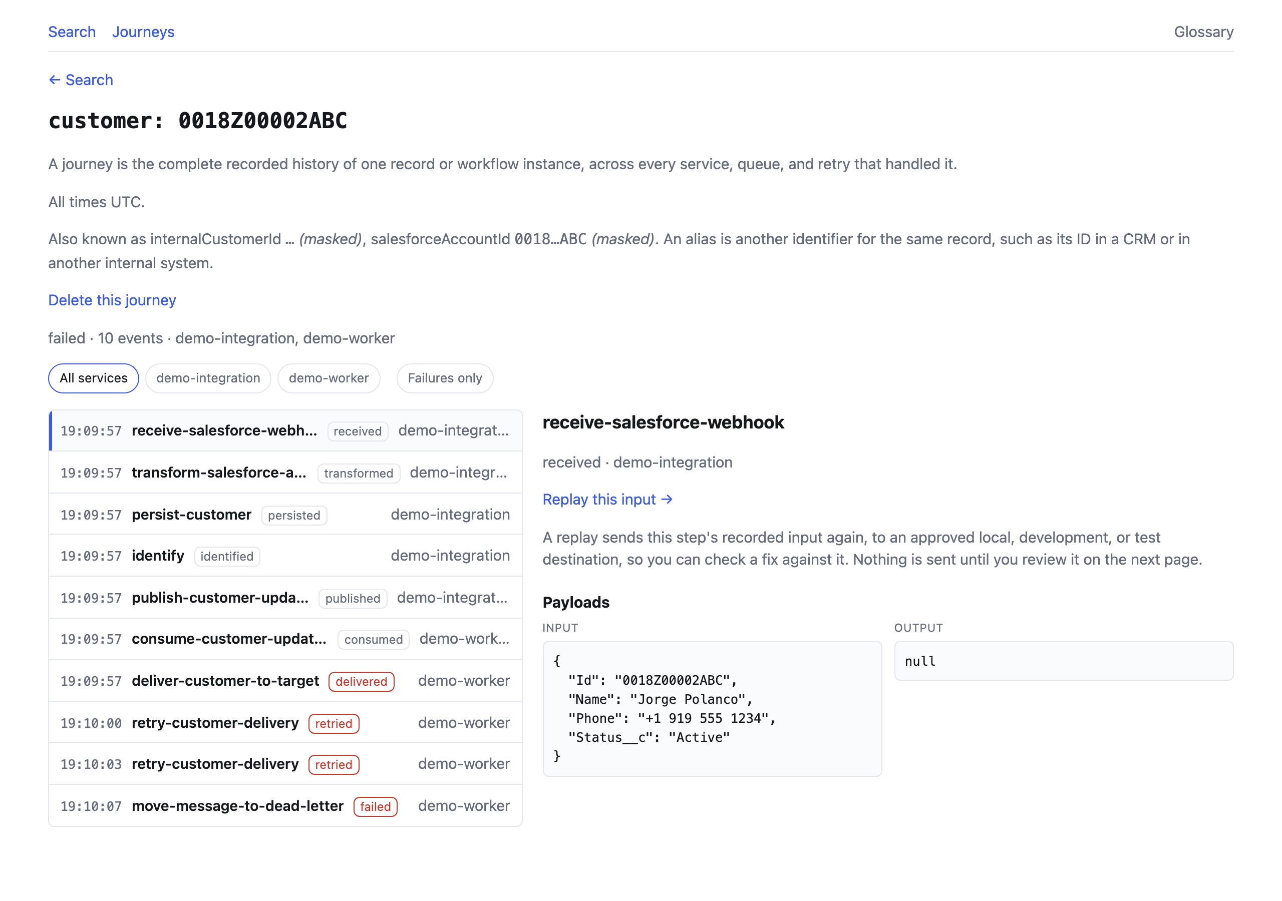 The journey of customer 0018Z00002ABC: ten events across demo-integration and demo-worker, from receive-salesforce-webhook to move-message-to-dead-letter, with the first step's recorded input open beside the timeline.